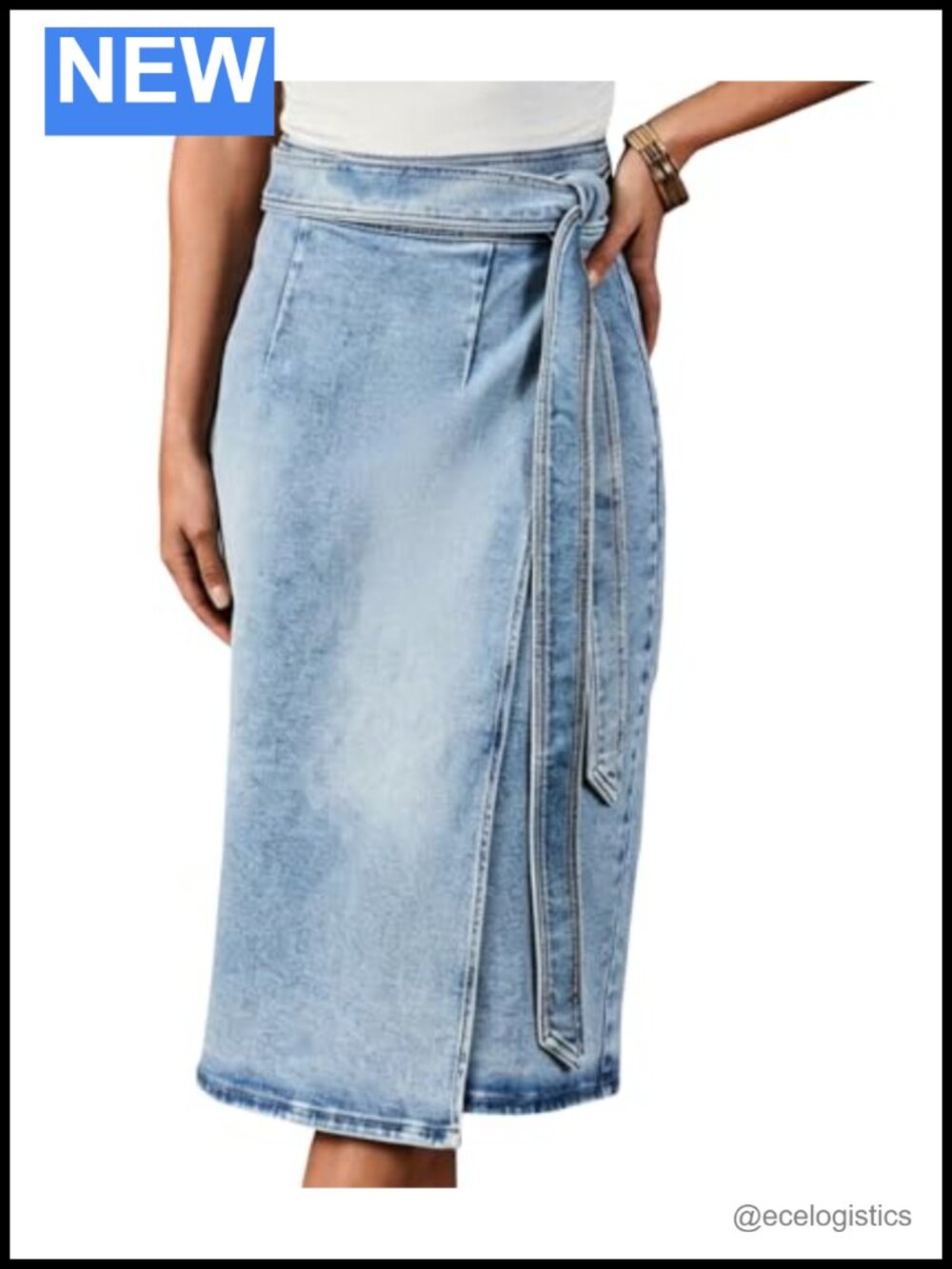 Women's Wrap Denim Pencil Midi Skirt High Waist Tie Belt Side Slit Work Office
